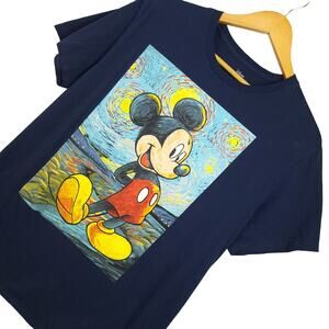 Disney Men's Mickey Mouse Picasso Style T-Shirt Sz Large Navy Blue Artsy Graphic